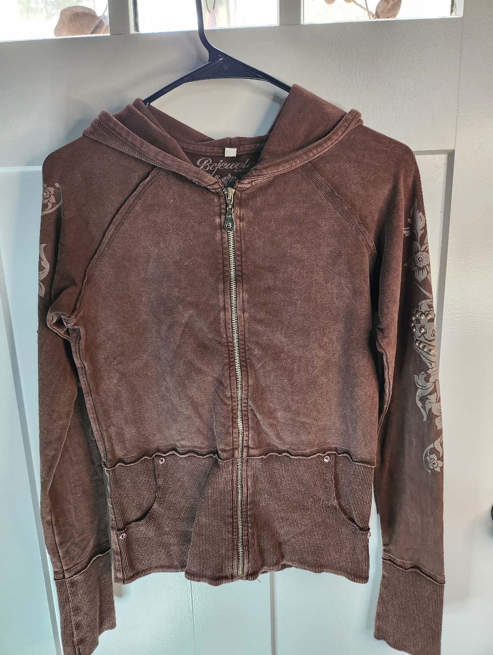 Bejeweled Women's Brown Washed Zip Hoodie